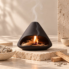 Deep Zisha brown ceramic Mount Fuji incense burner with sculptural peak opening
