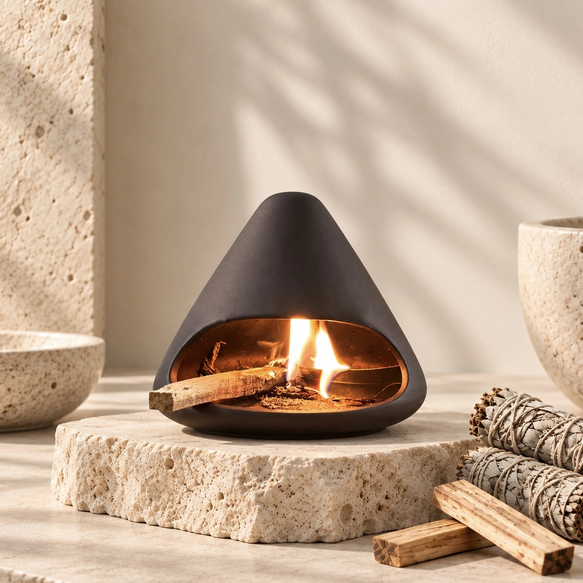 Deep brown Mount Fuji ceramic incense burner with textured Zisha clay finish