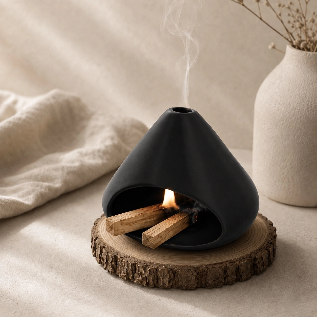 Black ceramic Palo Santo burner displayed on a natural wood slice in a warm Wabi-Sabi interior