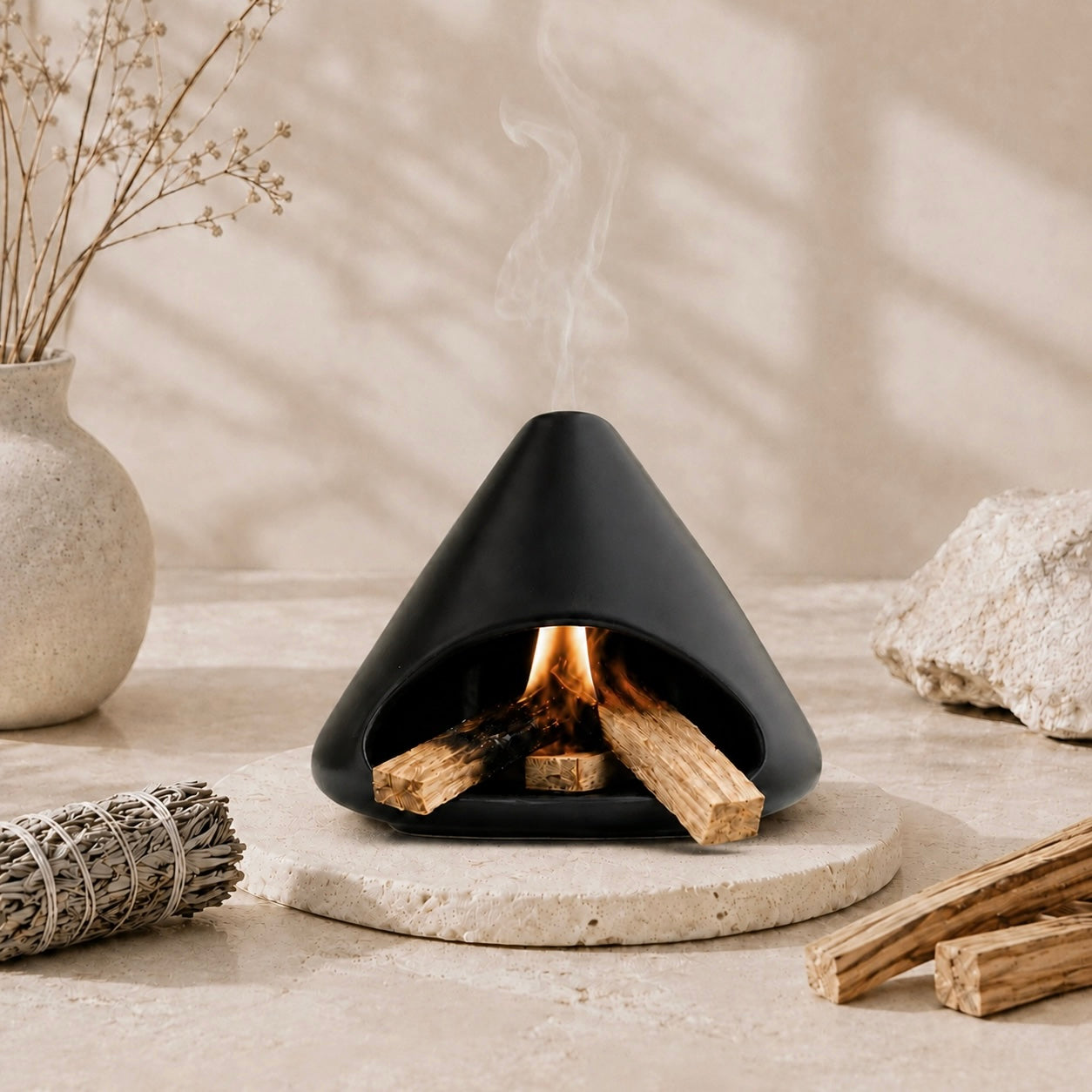 Black chimney-style Palo Santo burner with smoke rising beside sage bundle and wood sticks