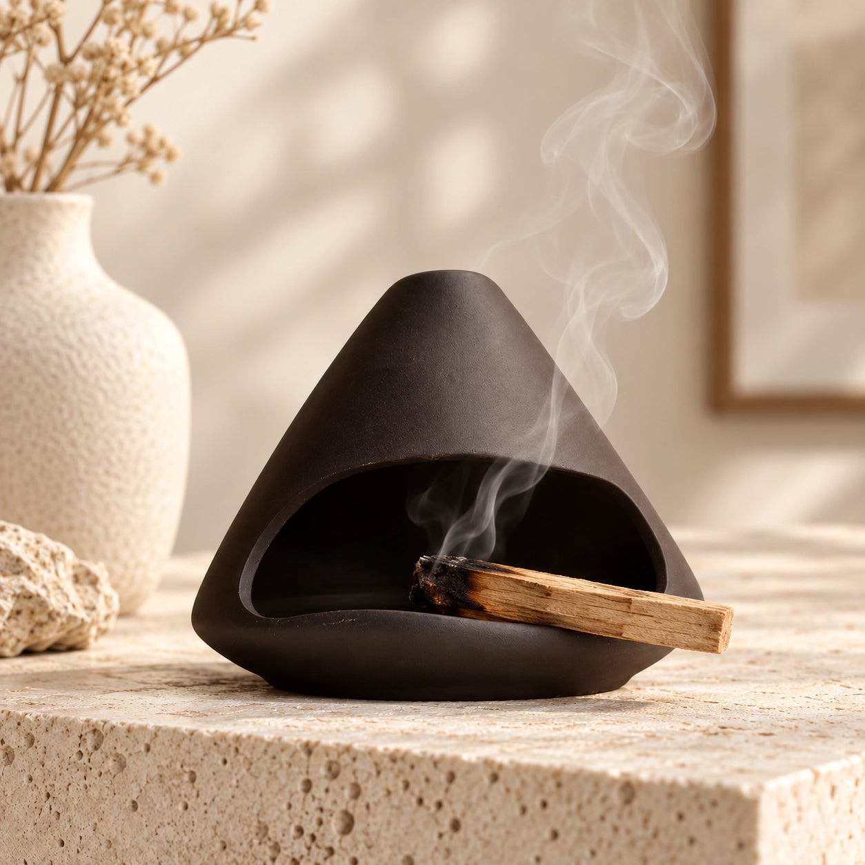 Zisha clay Mount Fuji incense burner with top smoke opening and wooden base