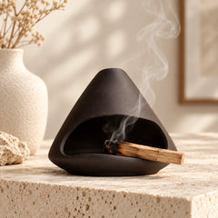 Zisha clay Mount Fuji incense burner with top smoke opening and wooden base