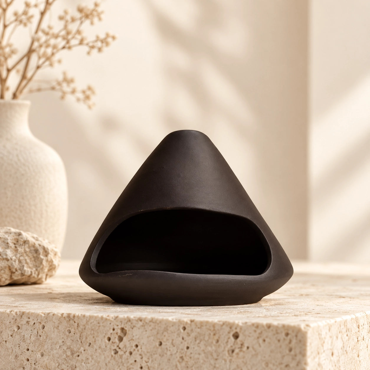 Sculptural Mount Fuji Zisha clay incense burner with natural wooden base