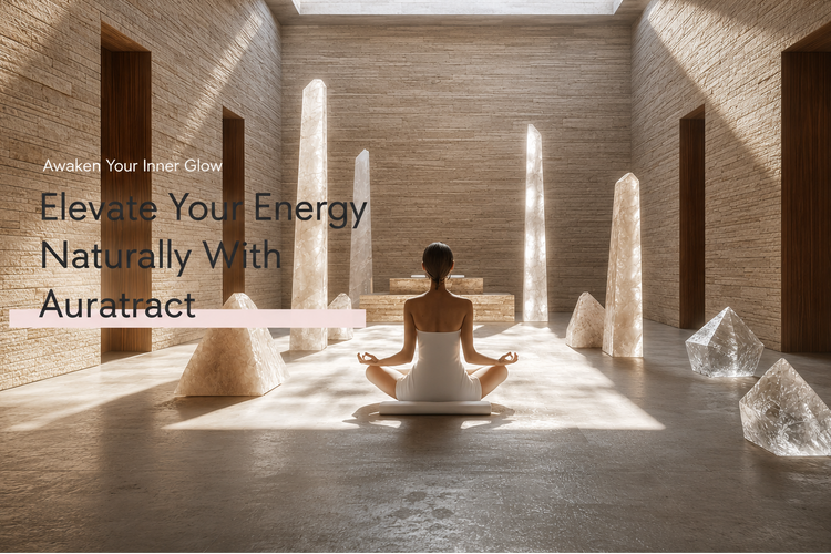Person meditating in a serene room with crystal formations and text about aura cleaning.