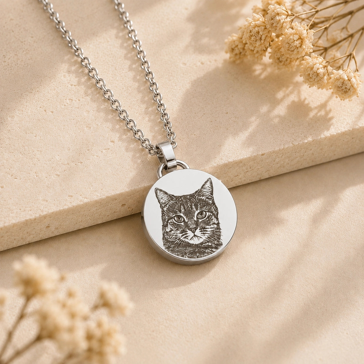 Silver personalized cat portrait keepsake necklace with engraved pet image on a cream stone background