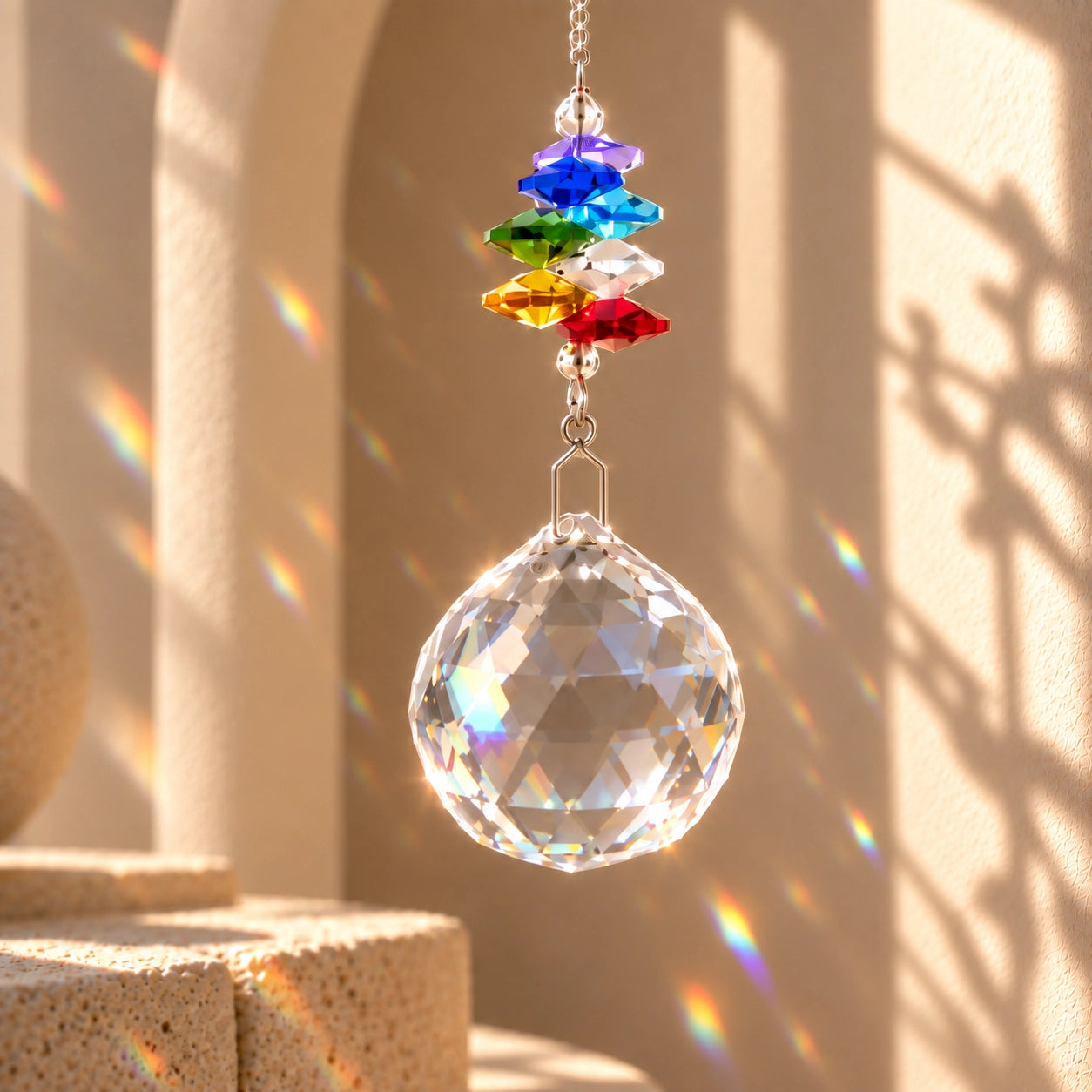 Pet paw crystal suncatcher with silver paw charm, colorful star beads and faceted crystal in warm sunlight