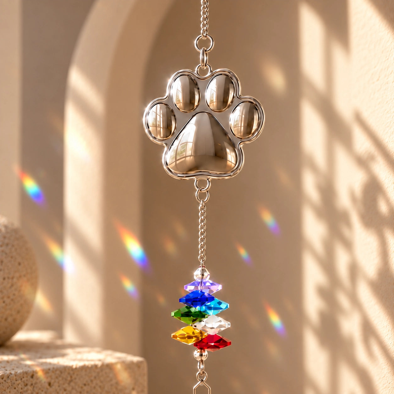 Pet paw crystal suncatcher hanging in a warm ivory interior with soft rainbow prism reflections
