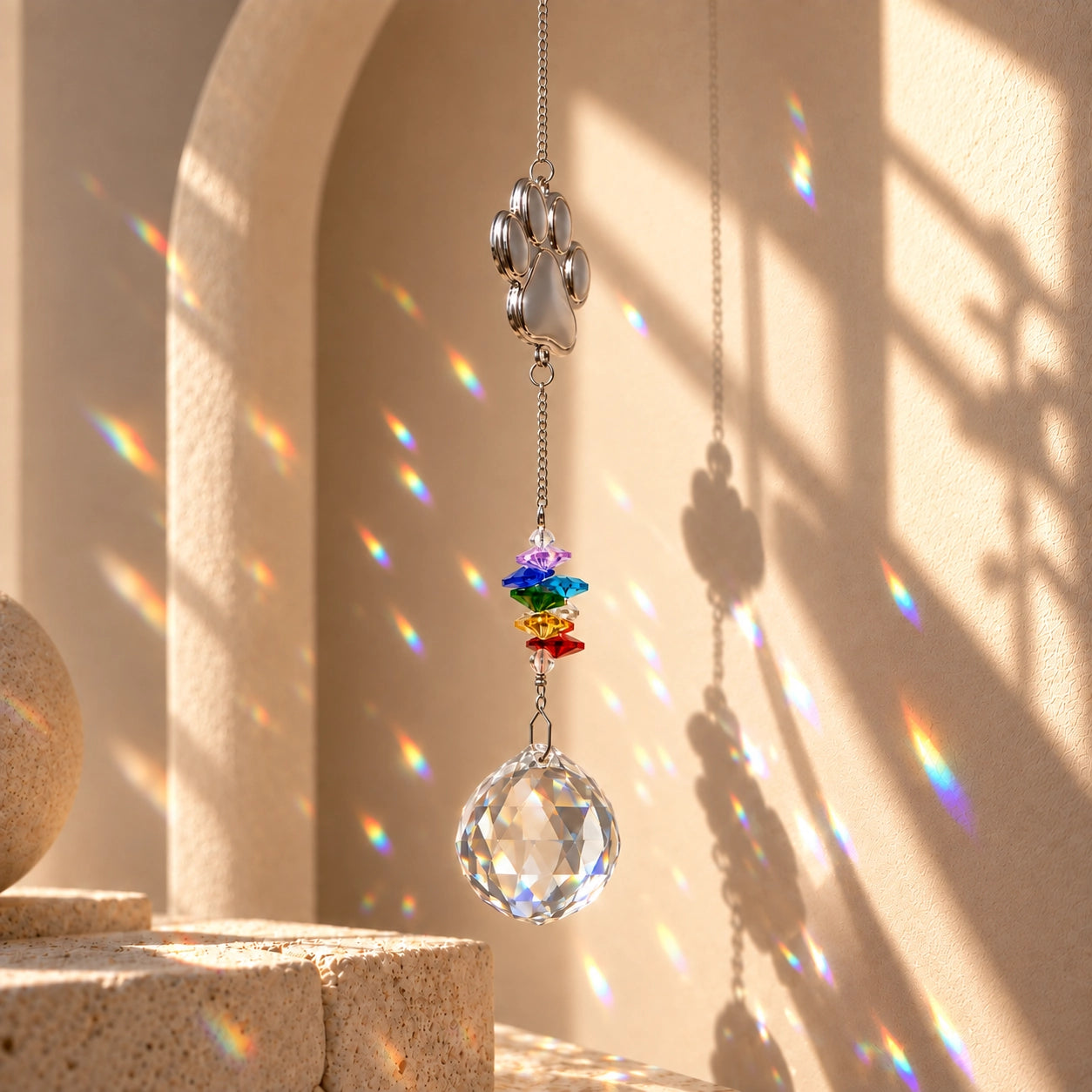 Pet paw rainbow crystal suncatcher styled as sunlit window decor with soft prism reflections