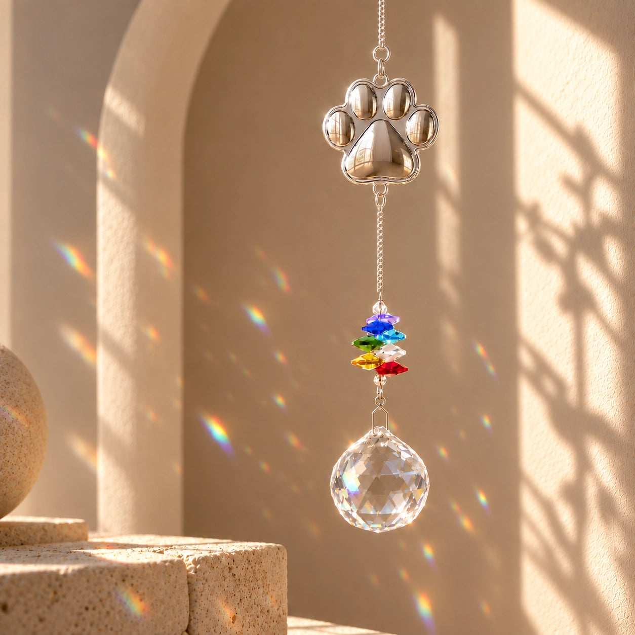 Pet paw crystal suncatcher with colorful beads and clear faceted prism displayed in warm natural light