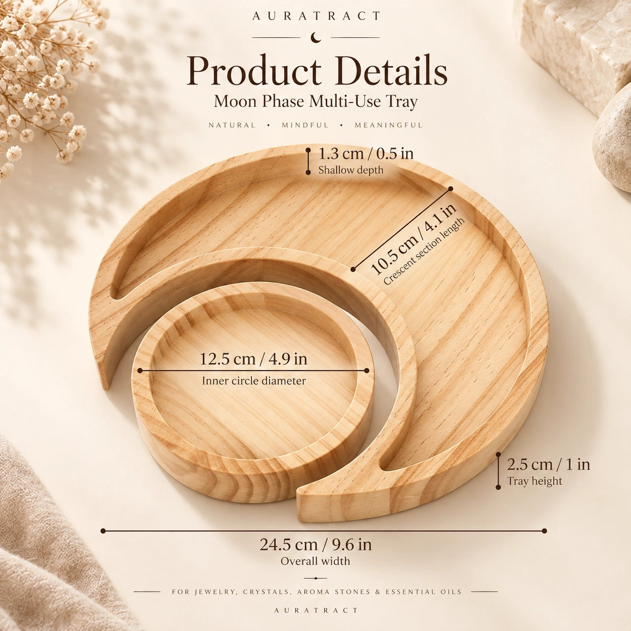 Natural solid wood Moon and Sun tray with raised center detail