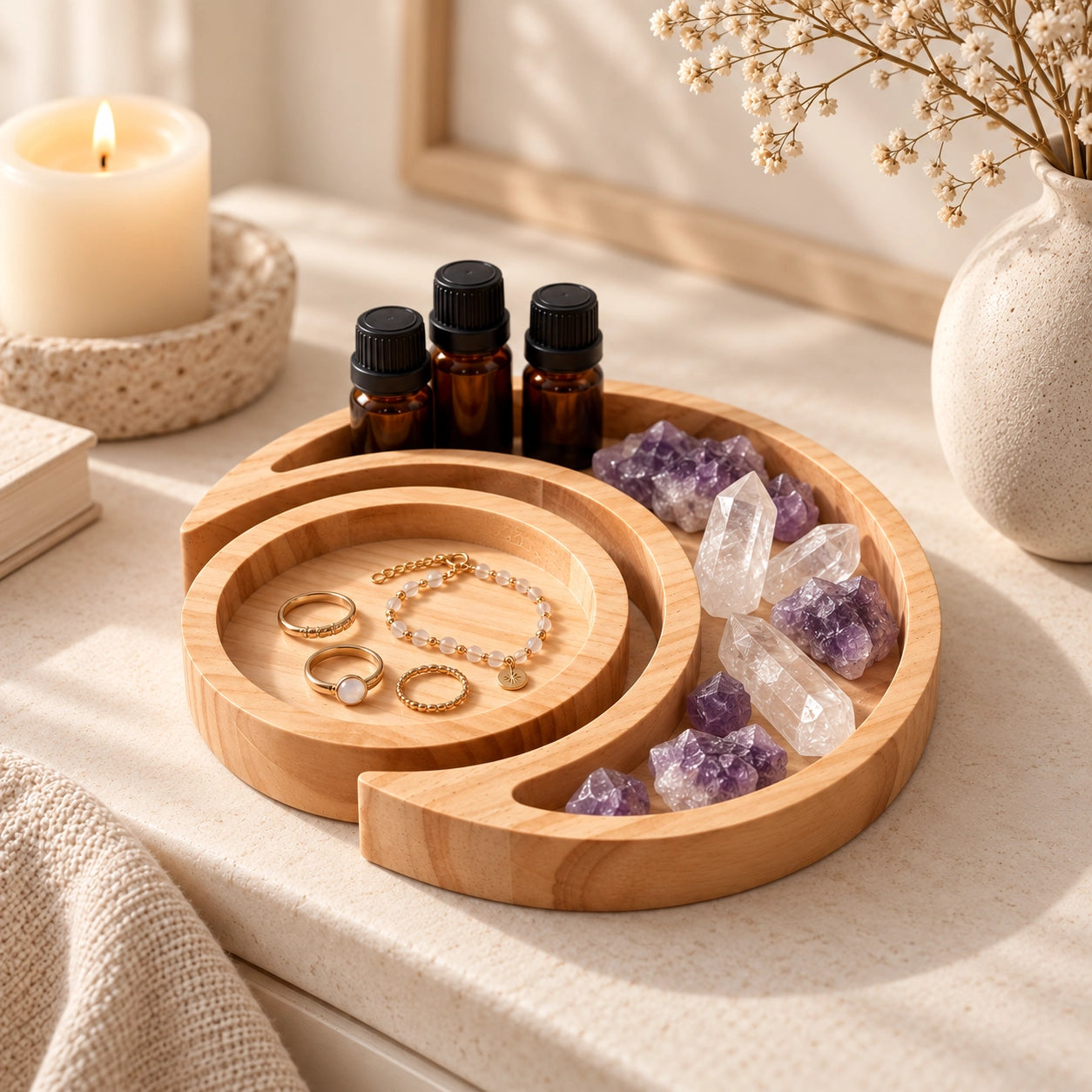 Wooden Moon and Sun tray for rings, bracelets and small accessories