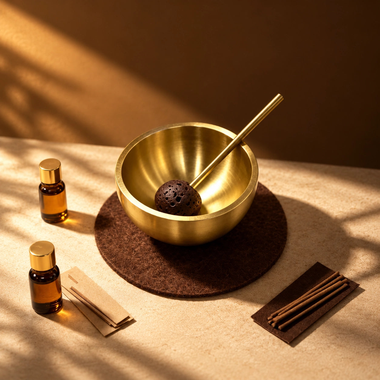 Mini aromatherapy singing bowl set with essential oil bottles, brass bowl, lava stone striker and felt cushion