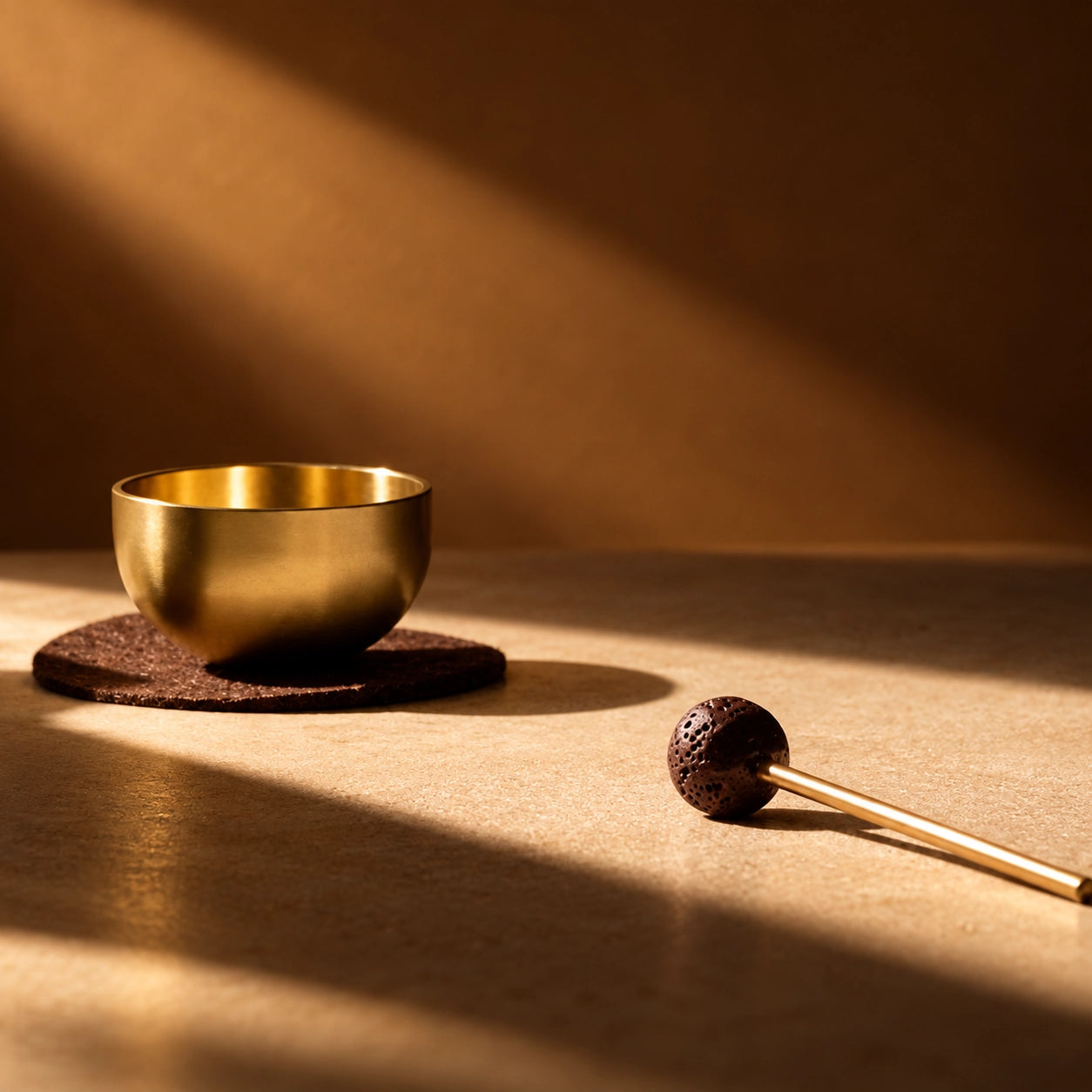 Close view of a mini brass singing bowl and lava stone striker for meditation and simple aromatherapy