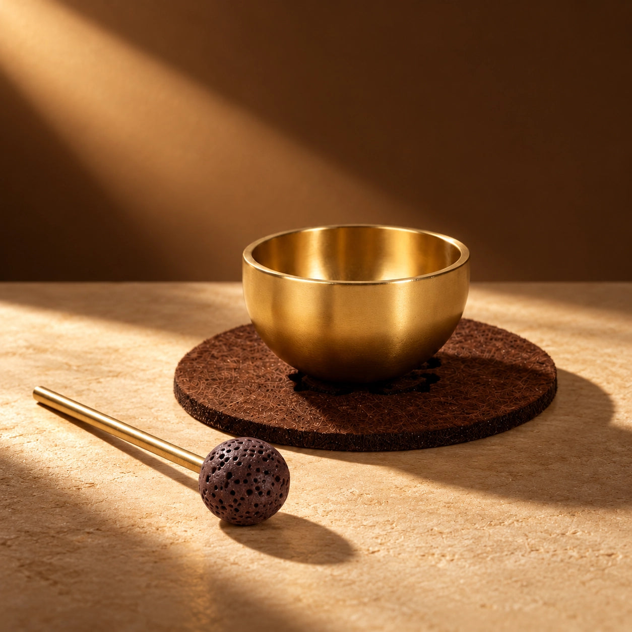Compact brass singing bowl set with porous lava stone striker in a warm amber ritual setting