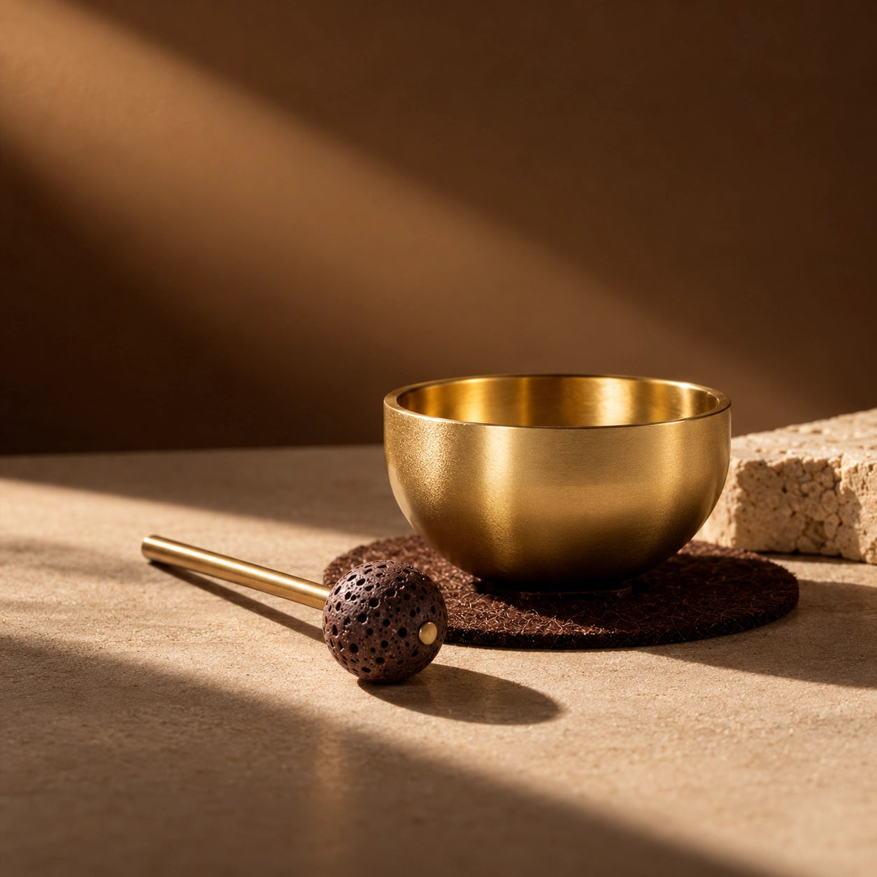 Mini brass singing bowl set with lava stone striker and felt cushion styled in warm amber natural light
