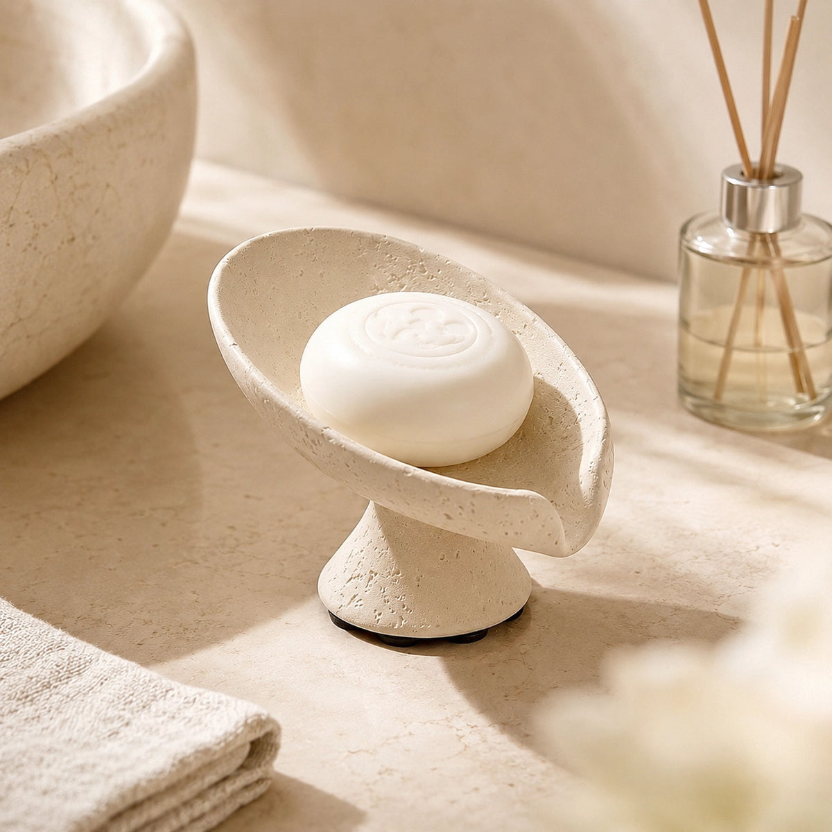 Beige bathroom soap holder tray styled with soap and neutral bathroom accessories.