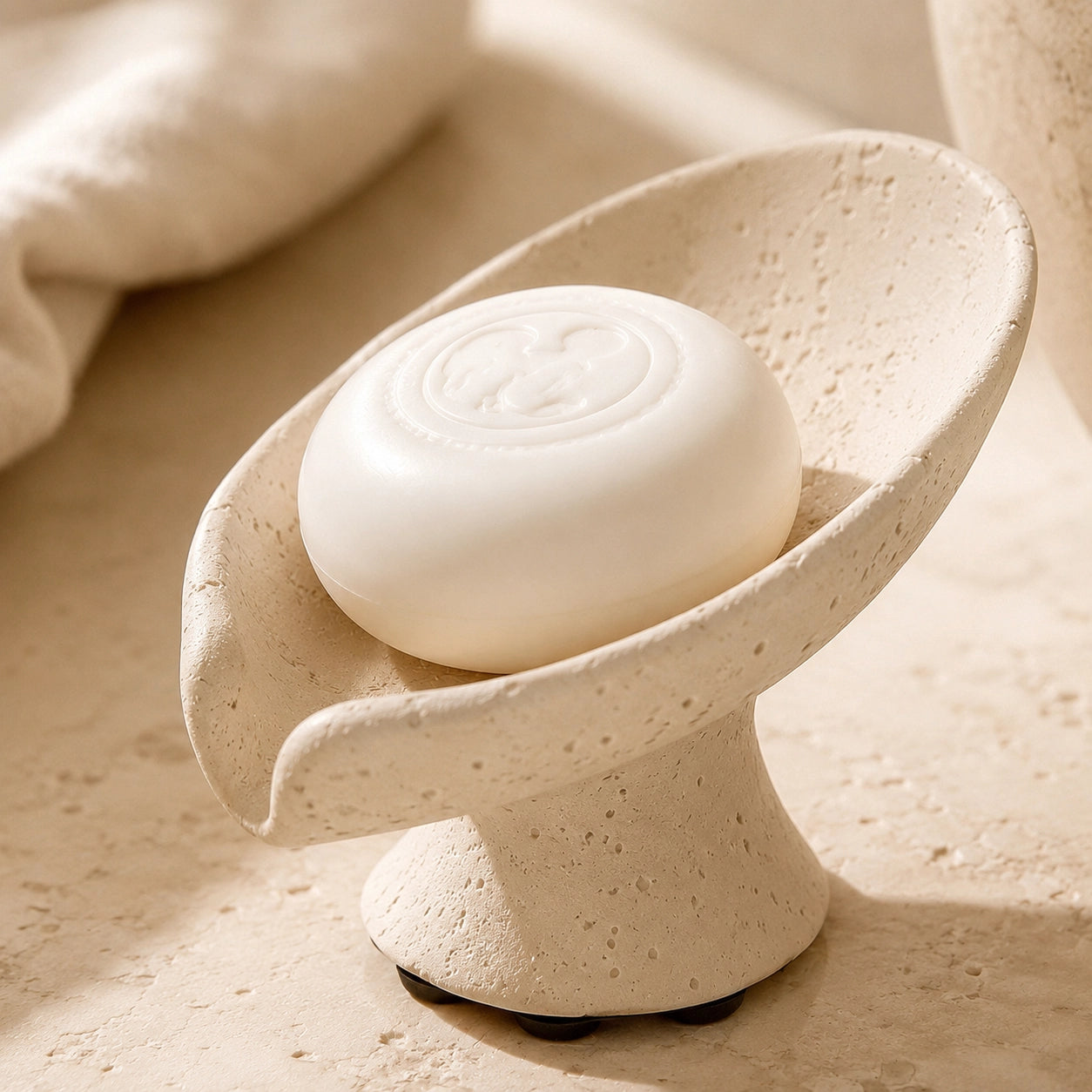 Close-up of beige Wabi Sabi soap dish with white soap on a bathroom countertop.