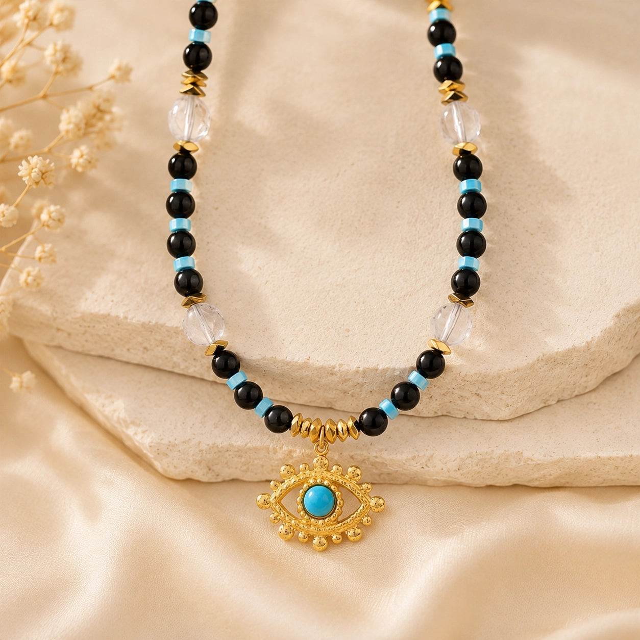 Gold Evil Eye Charm Necklace with Obsidian and Turquoise Beads