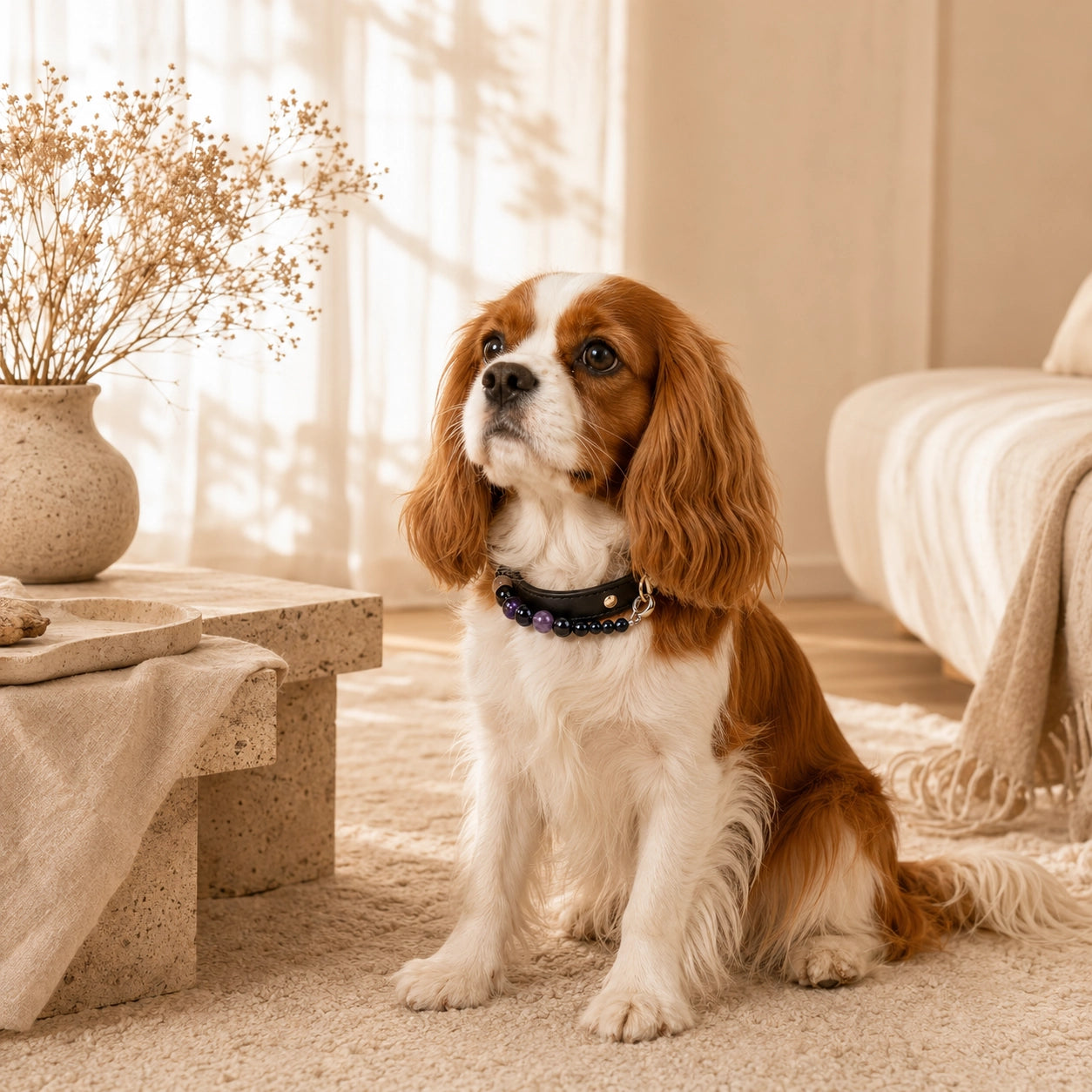Cavalier King Charles Spaniel wearing an amethyst and obsidian dog collar