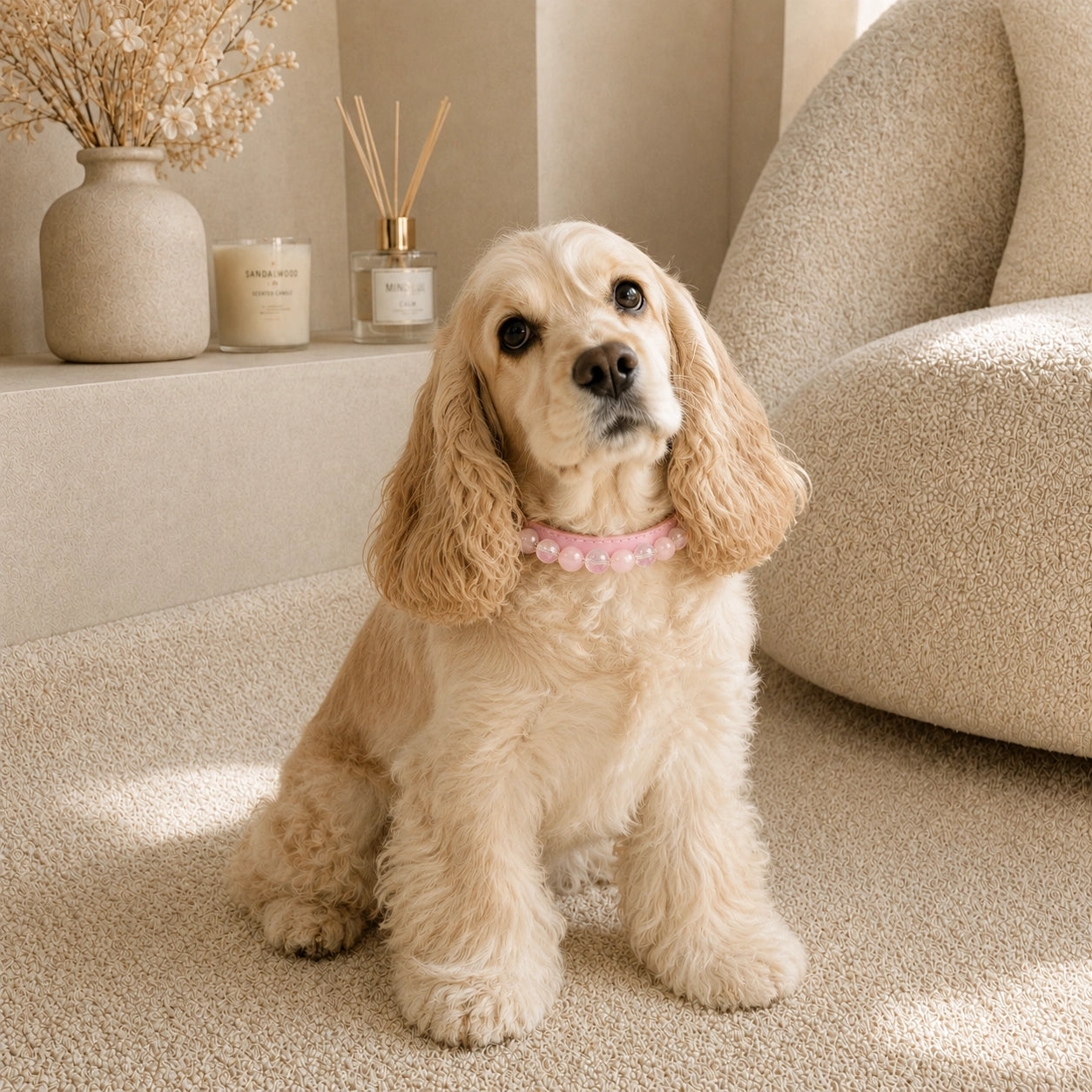 Cocker Spaniel wearing a pink rose quartz and clear quartz crystal dog collar at home