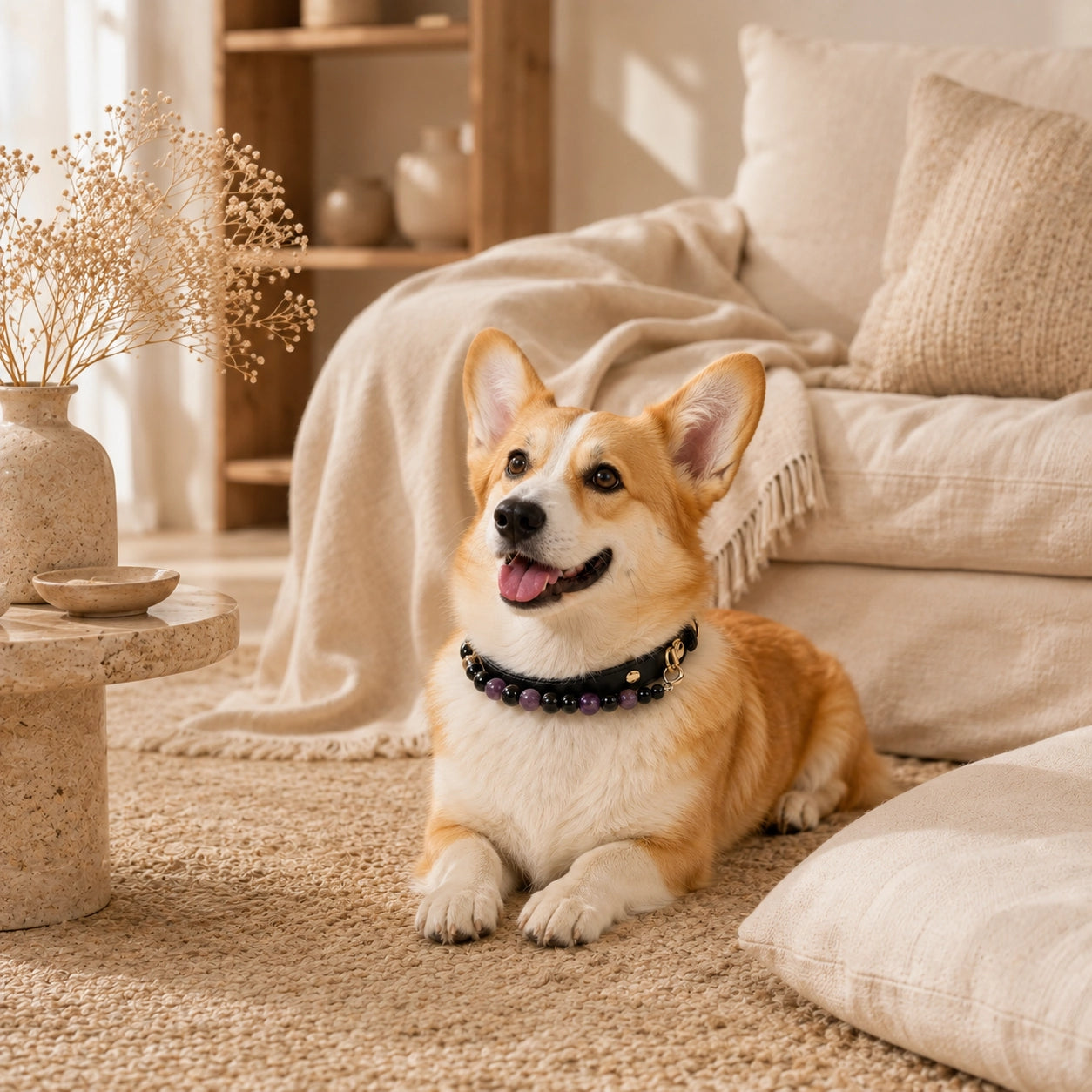 Corgi wearing a black amethyst and obsidian crystal dog collar at home