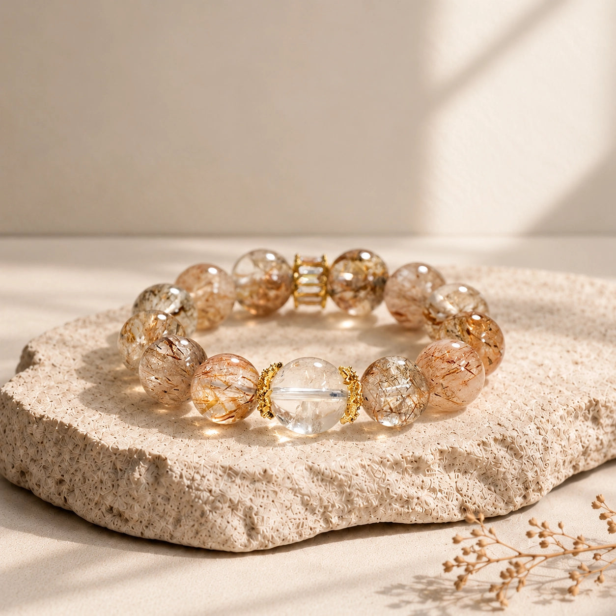 Clear quartz centerpiece and decorative gold-tone spacers in a Black Golden Super Seven beaded bracelet.