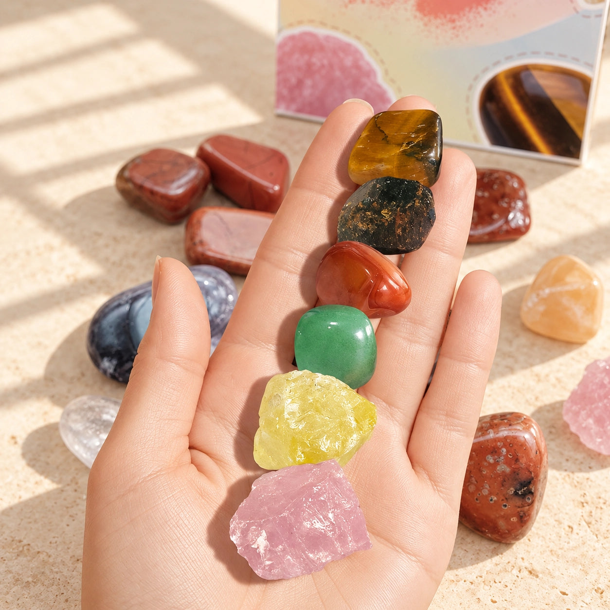 Hand holding six natural crystals in different colors and textures, showing the size of polished and raw gemstones from a crystal healing set