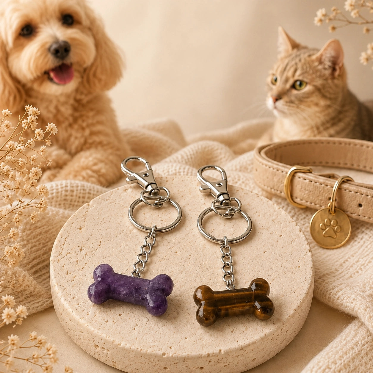 Natural stone crystal pet bone charms in multiple colors for dog collars, bags and keepsakes