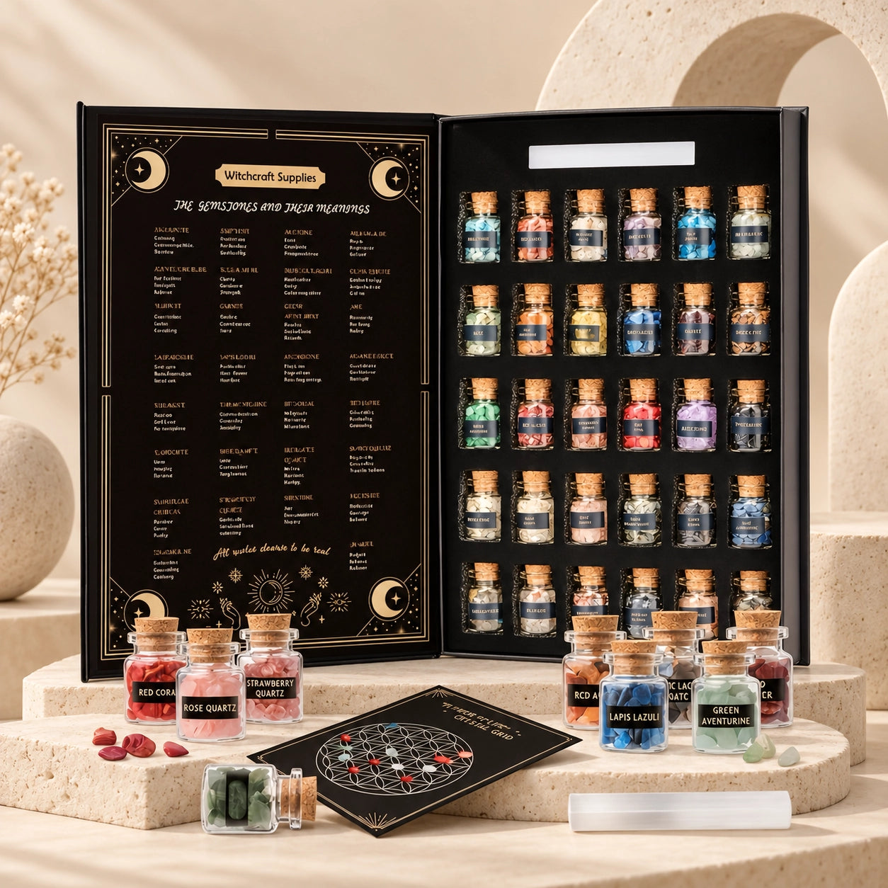 Open Crystal Starter Kit with 30 mini gemstone bottles, Flower of Life crystal grid, selenite stick and crystal guide