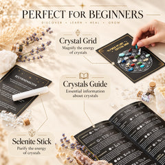 Crystal Starter Kit gift box with labeled mini gemstone bottles displayed on a warm ivory surface