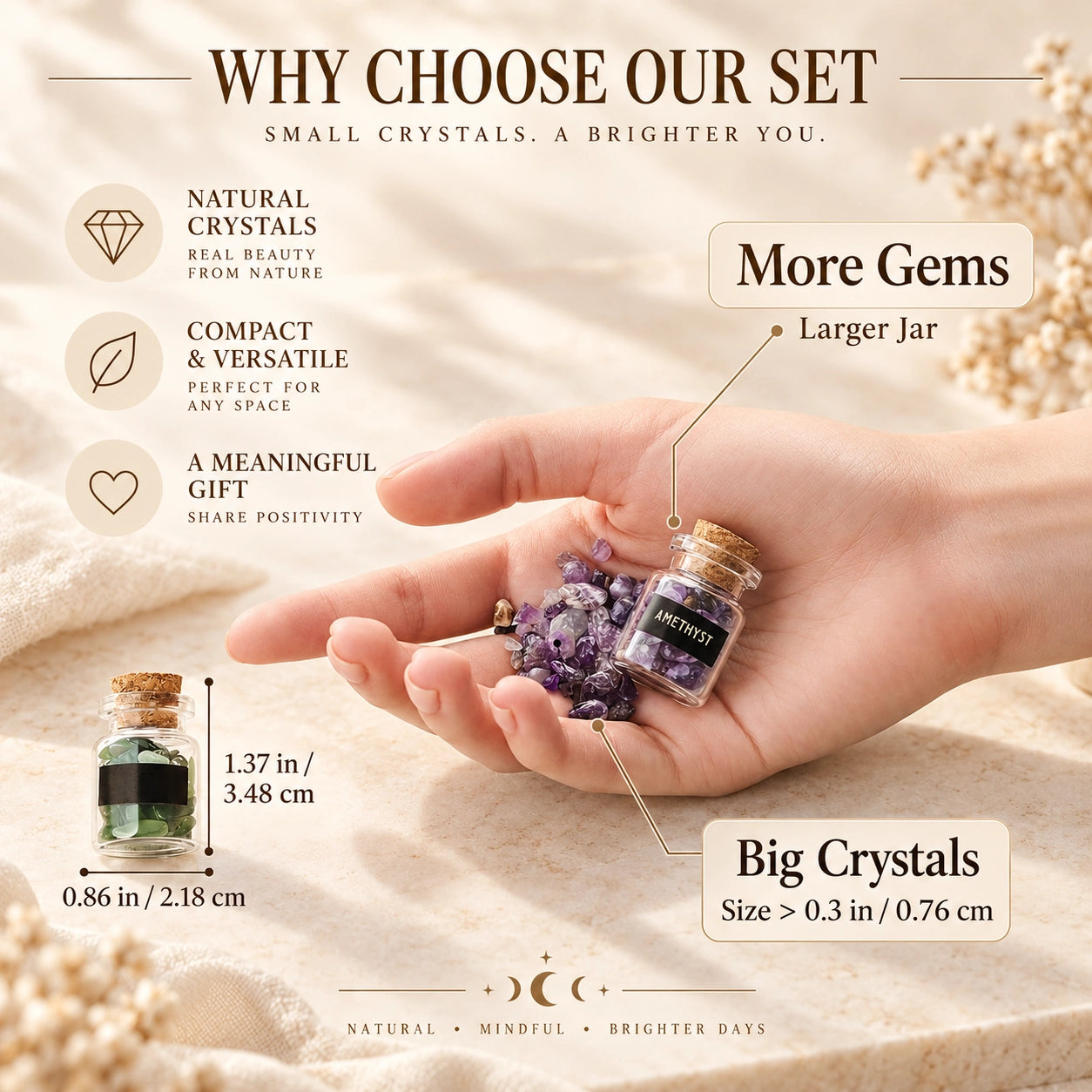 Hand holding amethyst crystal chips and a mini gemstone bottle with size comparison details for the Crystal Starter Kit