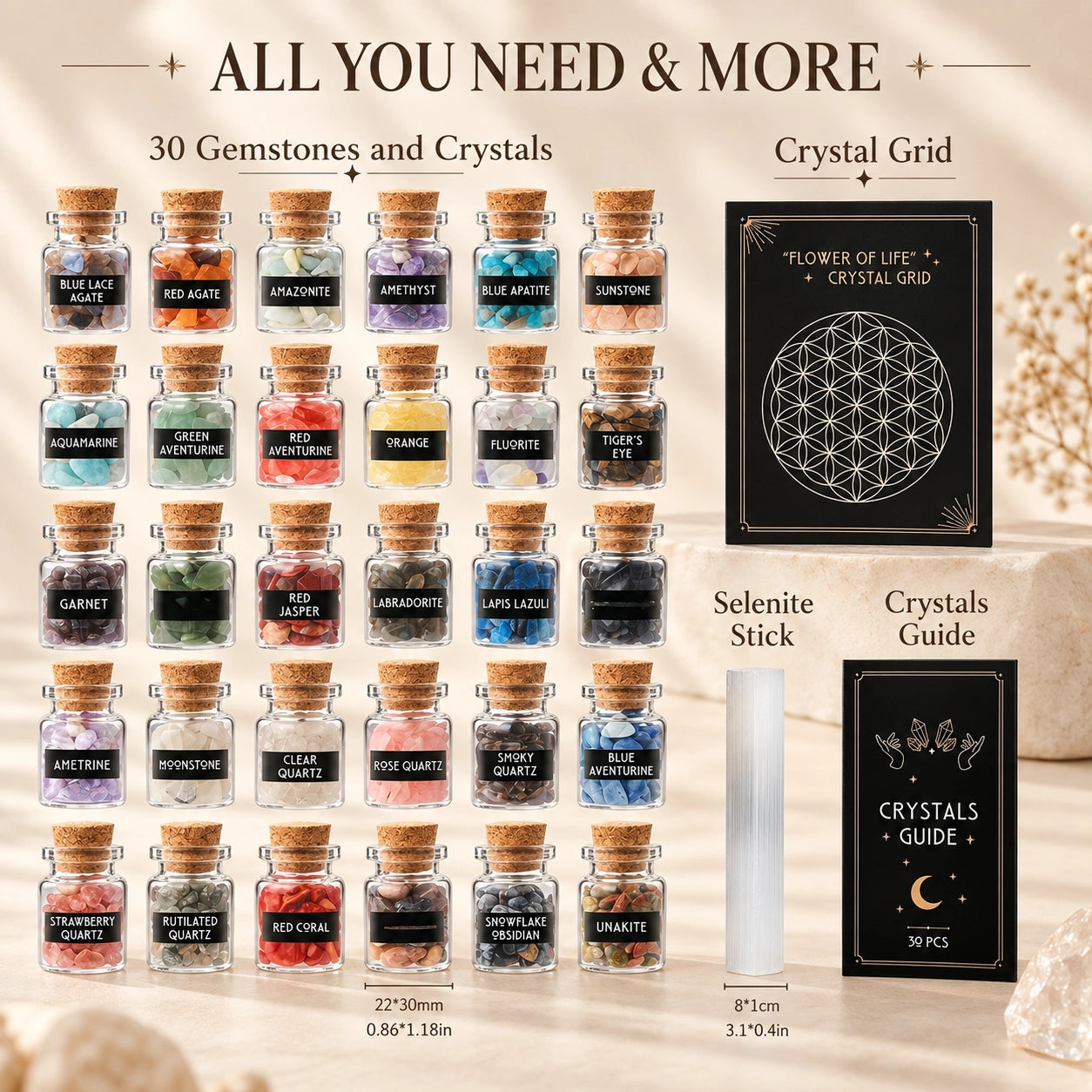Crystal Starter Kit accessories with Flower of Life crystal grid, selenite stick, crystal guide and mini gemstone bottles