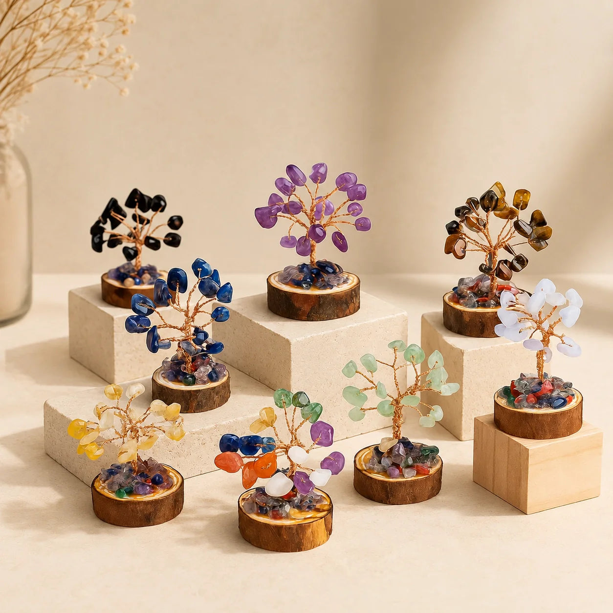 close up handmade mini crystal tree with natural gemstone chips and copper wire branches