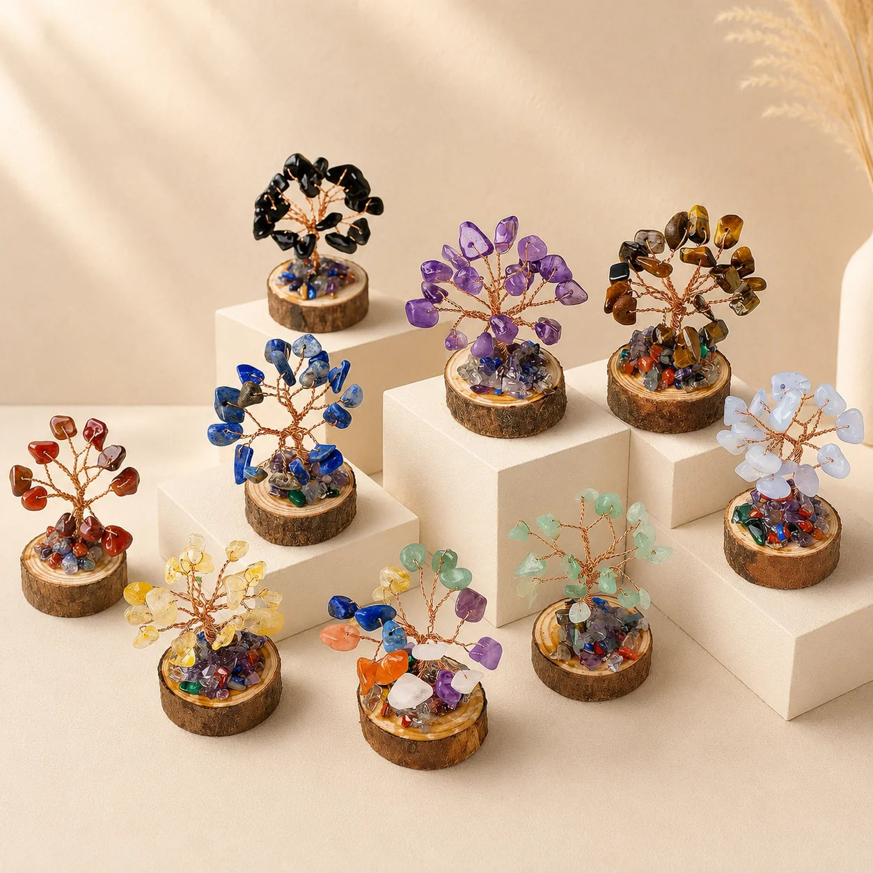 miniature crystal tree detail showing natural gemstone chips and handcrafted copper wire structure