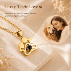 Gold custom pet photo projection necklace shown with a pet and owner keepsake image