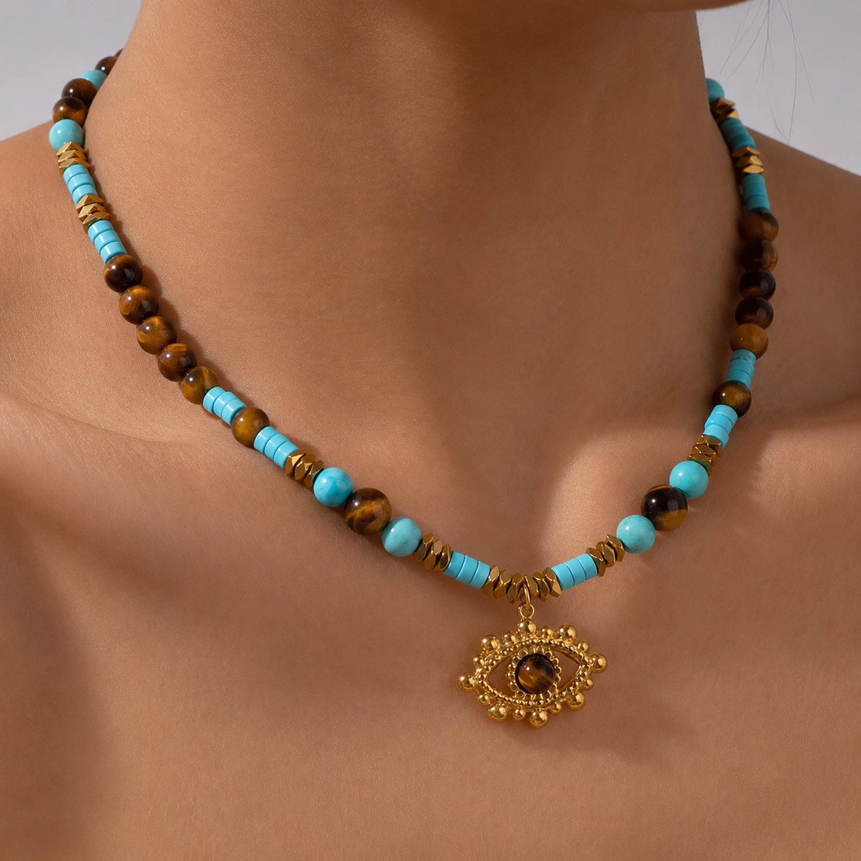 Evil Eye Tiger’s Eye Turquoise Necklace Styled on Model