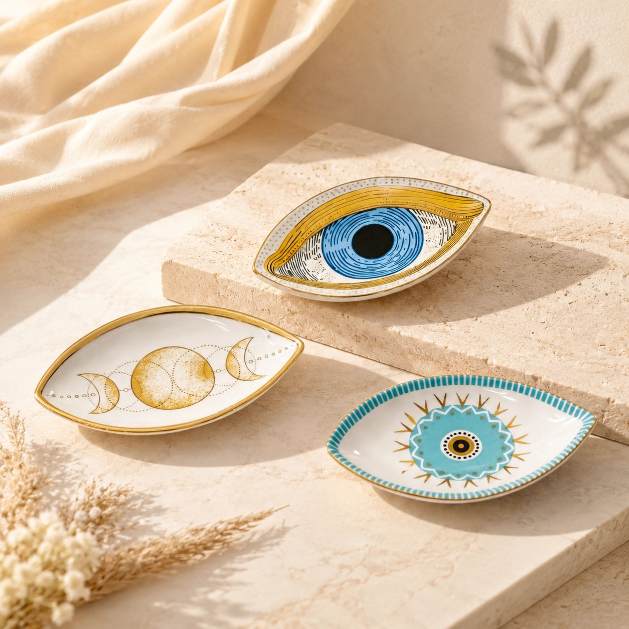 Evil Eye ceramic tray collection displayed on beige stone with soft sunlight for jewelry crystals and ritual decor