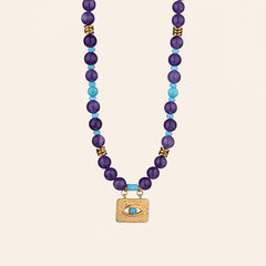 Evil Eye Amethyst Turquoise Necklace with natural stone beads and gold-plated pendant