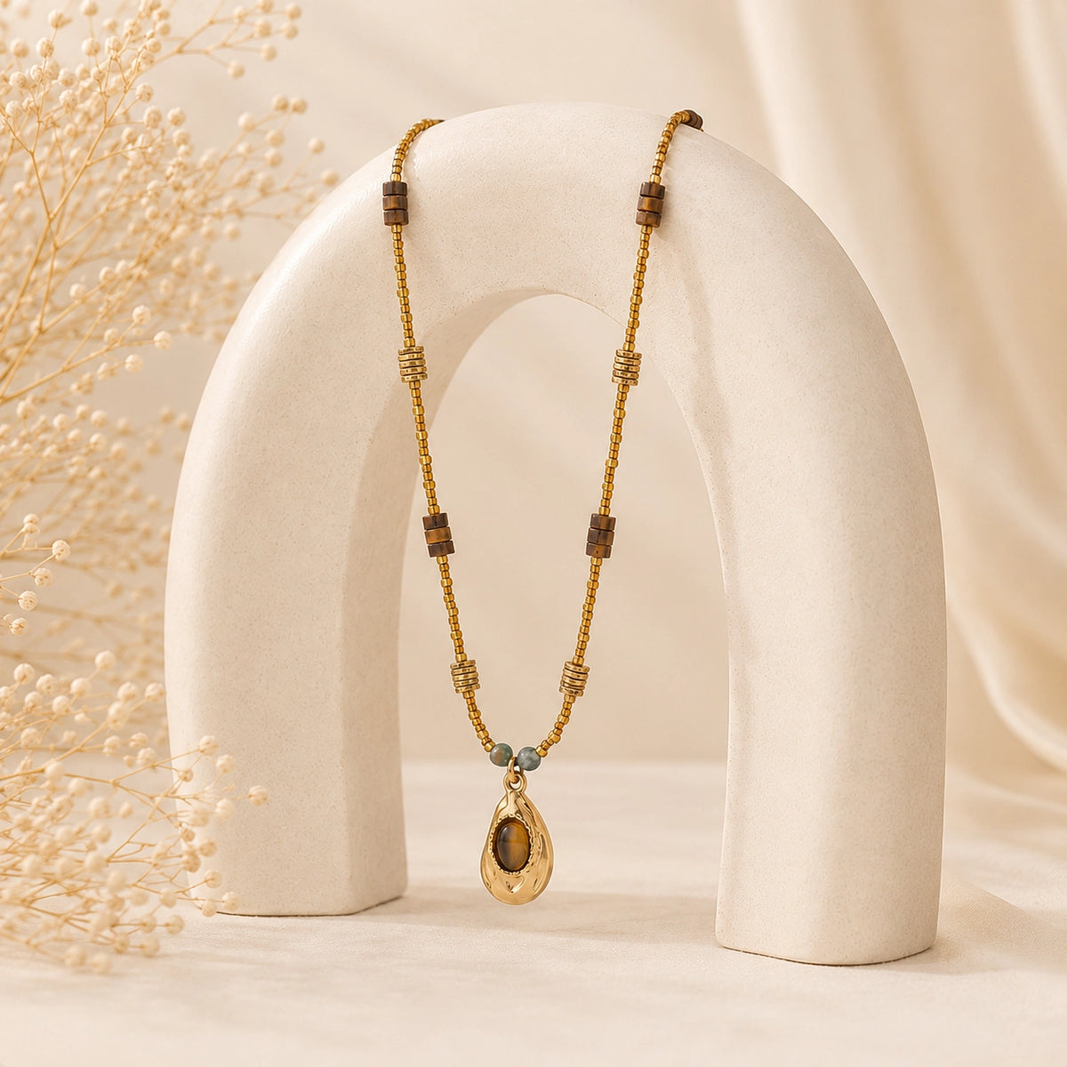 Natural Tiger’s Eye Pendant Necklace with 18K Gold Plated Details