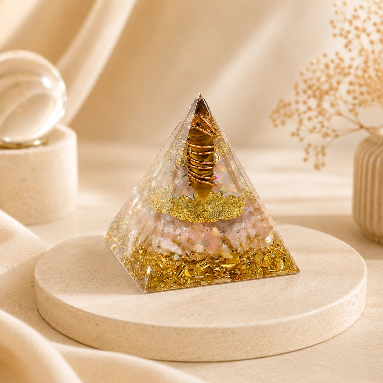 Tiger’s eye and citrine orgonite pyramid with copper coil and gold details styled as meaningful crystal decor on a soft beige display