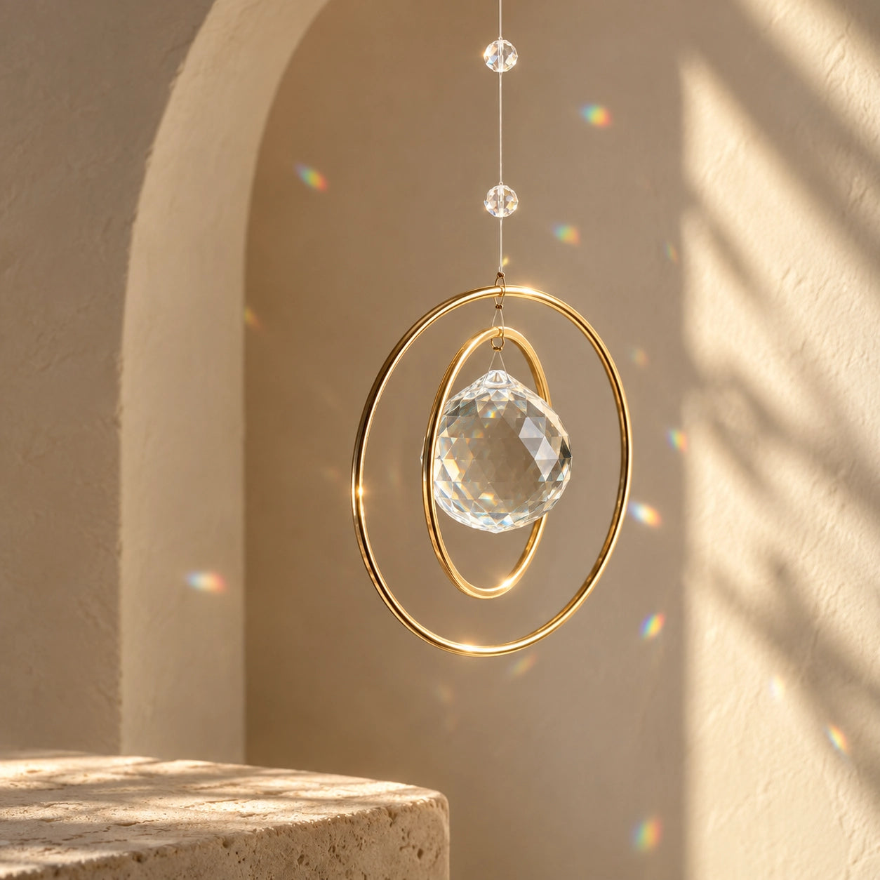 Close view of Golden Orbit clear quartz suncatcher with sculptural golden rings and faceted crystal in warm natural light