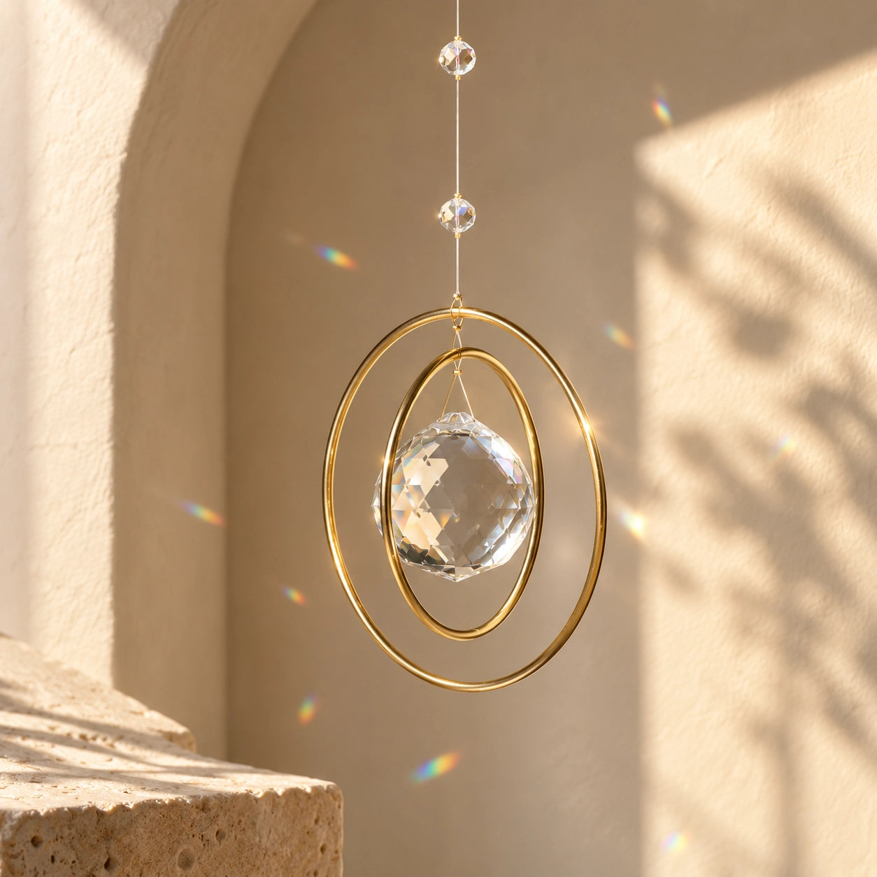 Side view of Golden Orbit clear quartz suncatcher with golden circular frame catching sunlight and casting rainbow prisms