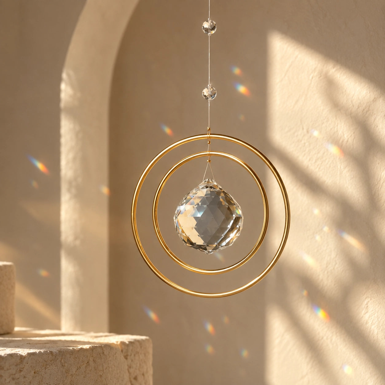 Front view of Golden Orbit clear quartz crystal suncatcher with concentric golden circles and rainbow light on a warm ivory wall