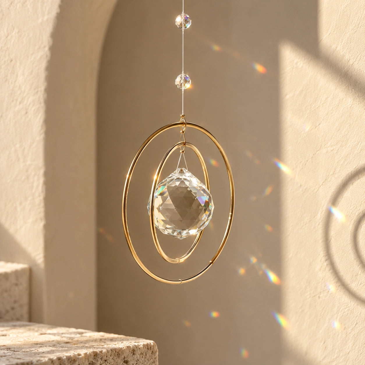 Golden Orbit crystal suncatcher with faceted clear quartz and golden rings reflecting rainbow light in a calm neutral interior