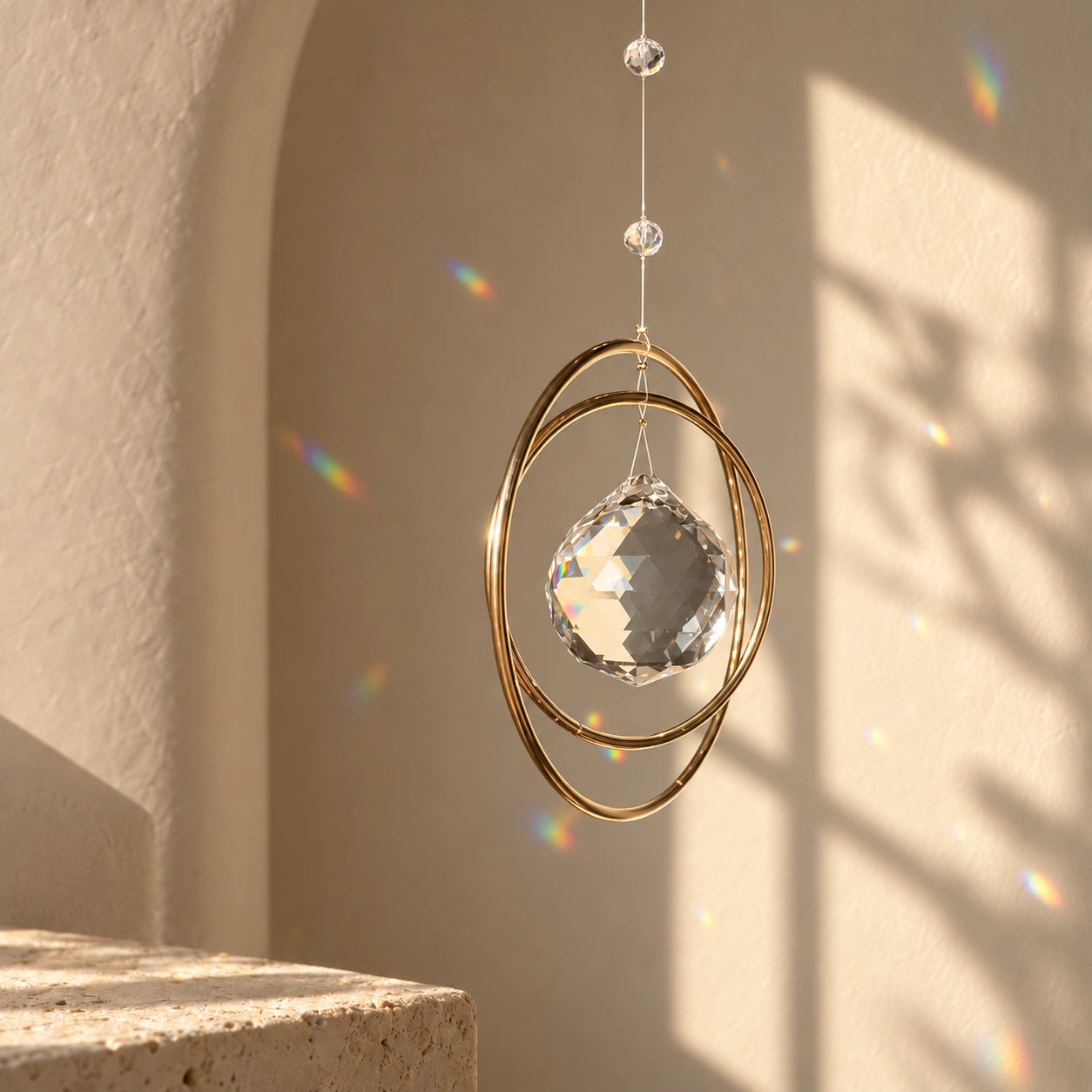 Golden Orbit clear quartz crystal suncatcher hanging in warm sunlight with rainbow reflections on a neutral wall