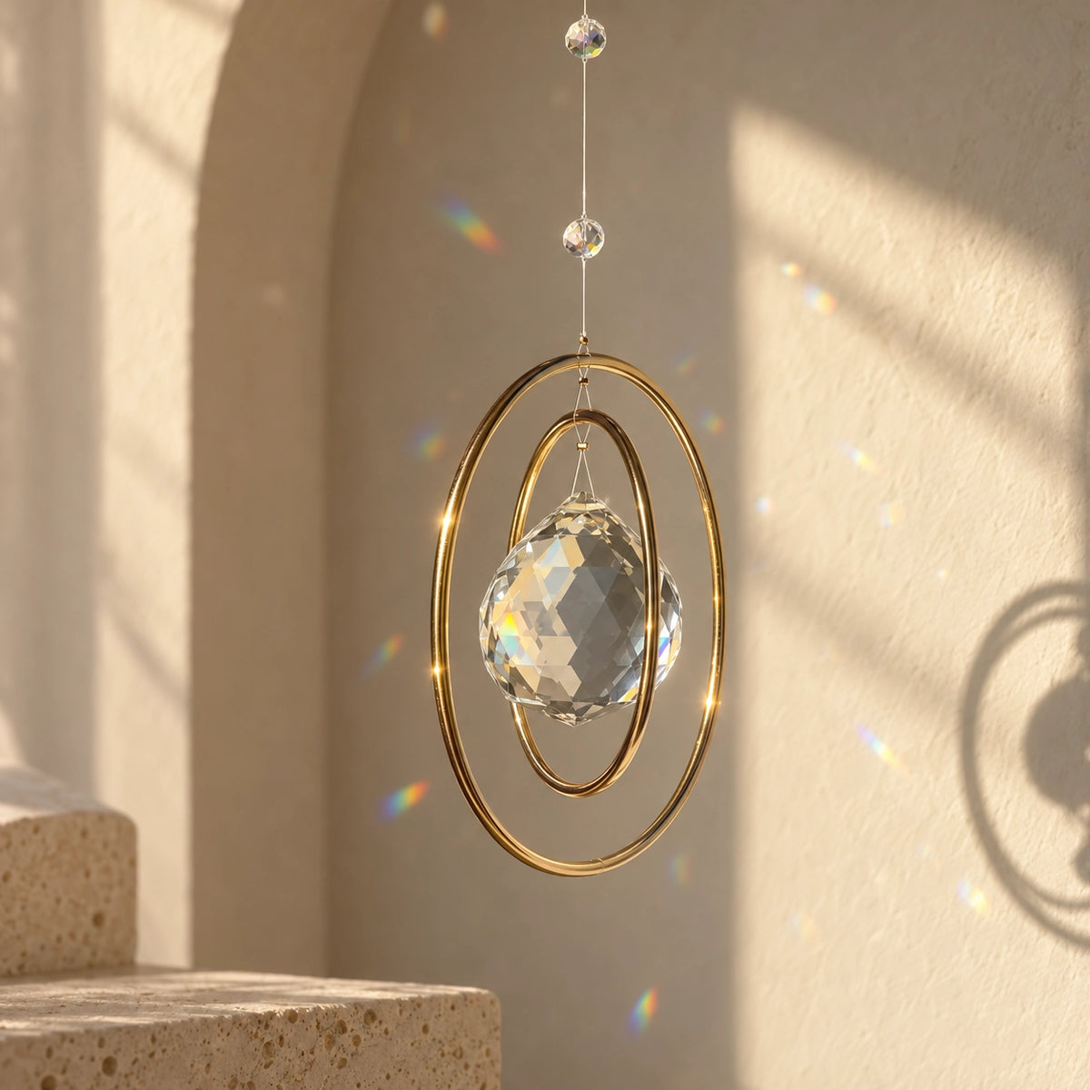 Angled view of Golden Orbit crystal suncatcher showing layered golden rings, clear quartz centerpiece and rainbow reflections
