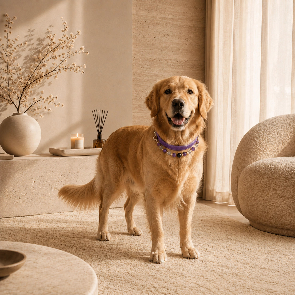 Golden Retriever wearing a purple amethyst and clear quartz crystal dog collar at home