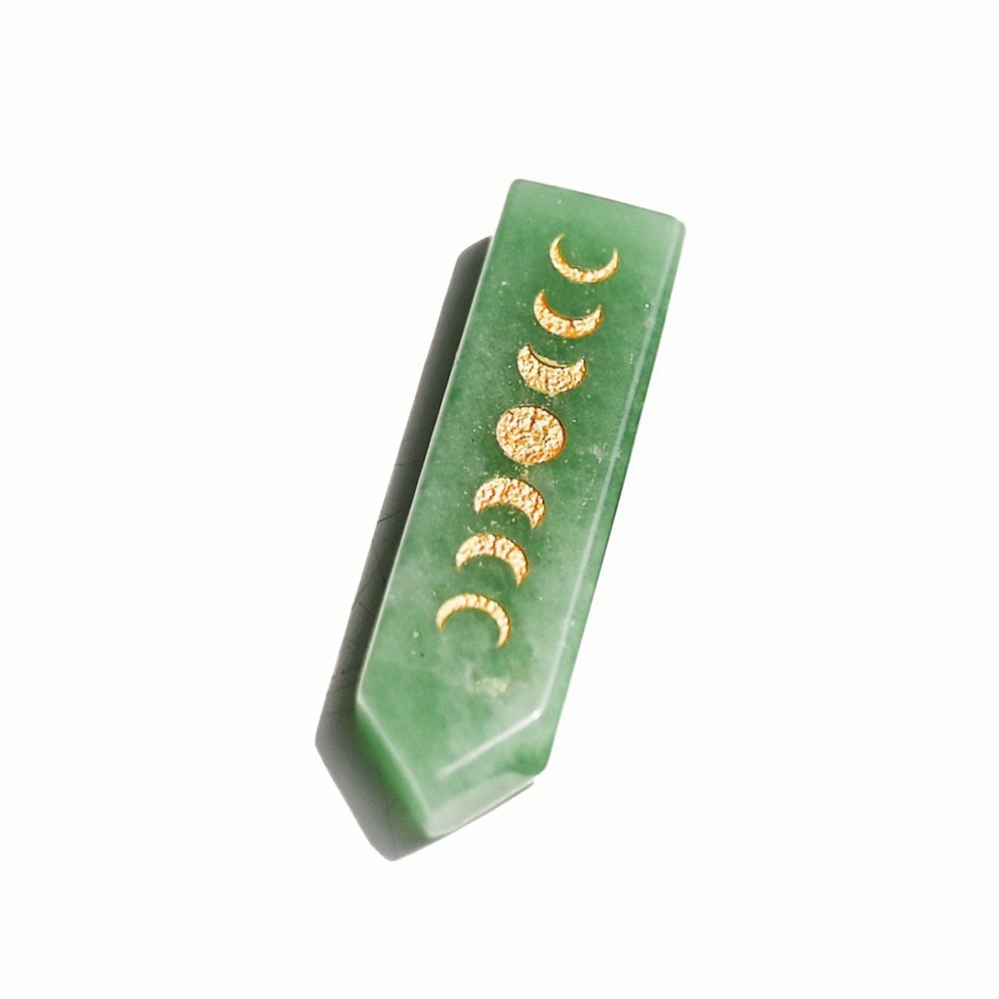 Green Aventurine moon phase crystal point with gold-tone lunar symbols