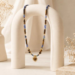 Natural Tiger’s Eye Sodalite Beaded Necklace with Heart Charm