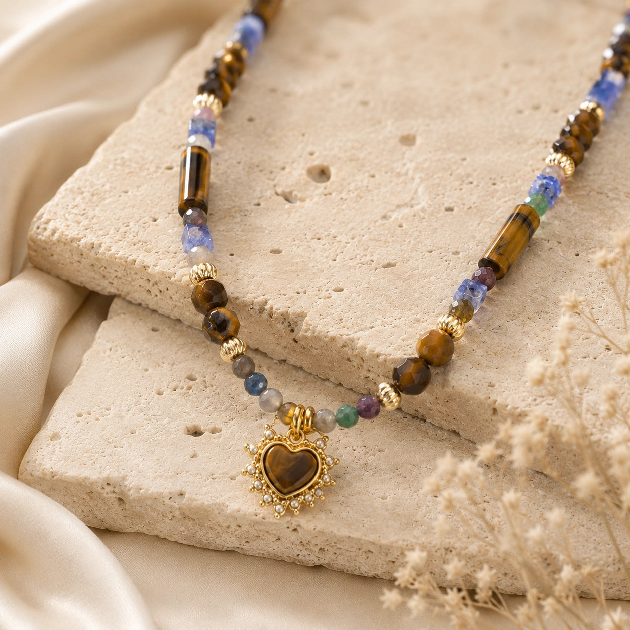 Tiger’s Eye Heart Charm Necklace with Sodalite Beads